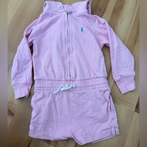 Ralph Lauren Light Pink Hooded Zip Romper with Blue Polo Logo